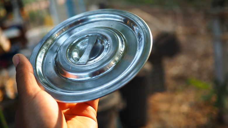 Someone holding a small pot lid outside