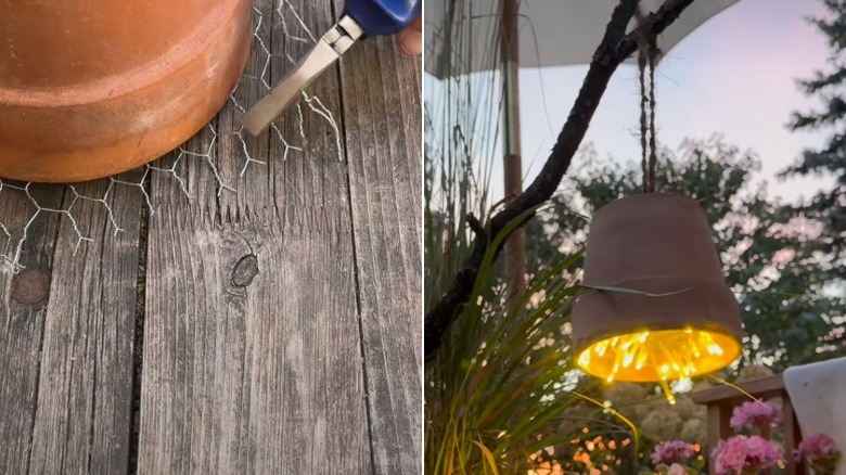 A terracotta pot transformed into a creative patio light.