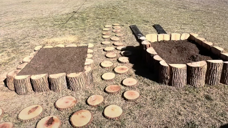 Raised garden beds in a large backyard made using stumps cut in half and pallets filled with soil.