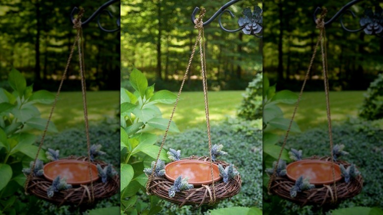 Rustic hanging bird bath in garden made from grapevine wreath, twine, and old saucer.