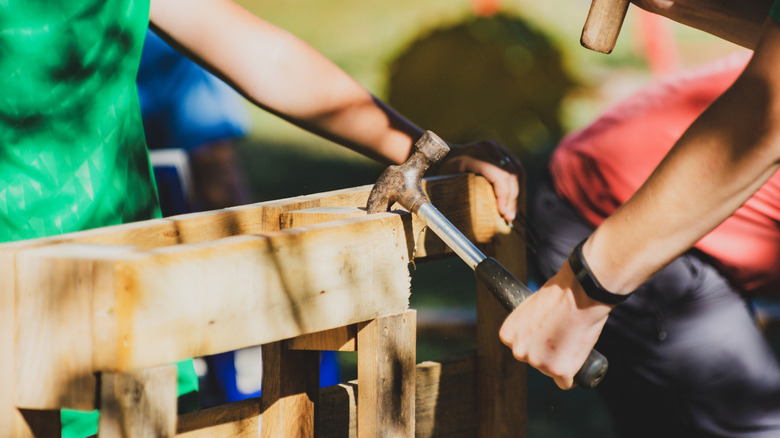 People prying apart a pallet with a hammer