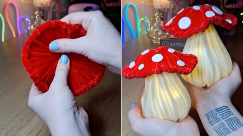 DIY mushroom top made of red pipe cleaners.
