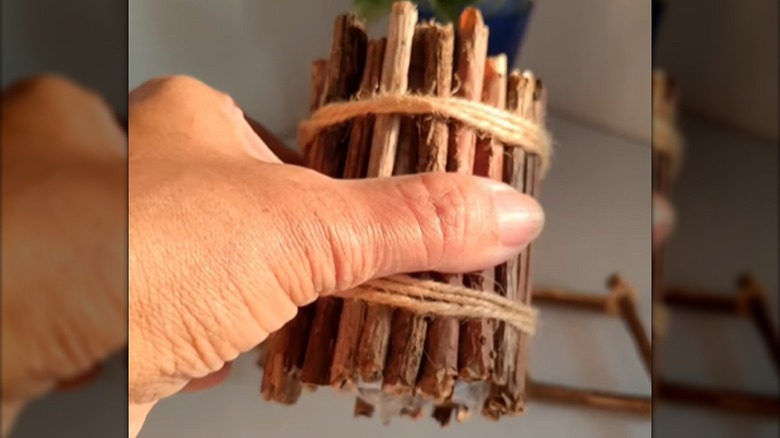 A light-skinned hand holds a plastic bottle covered with twigs and twine.