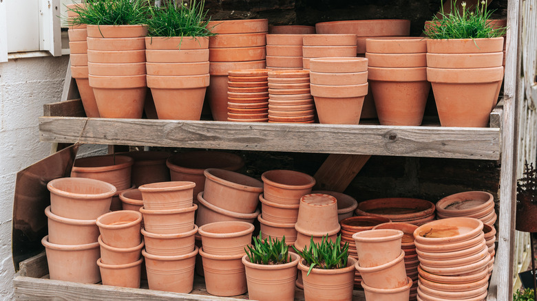 Piles of terracotta pots and saucers for sale in a garden center.