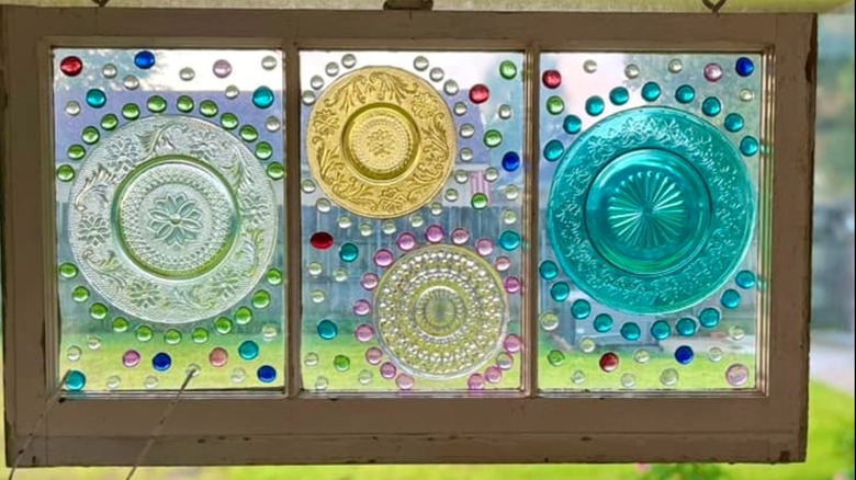 Window frame suncatchers made with depression glassware