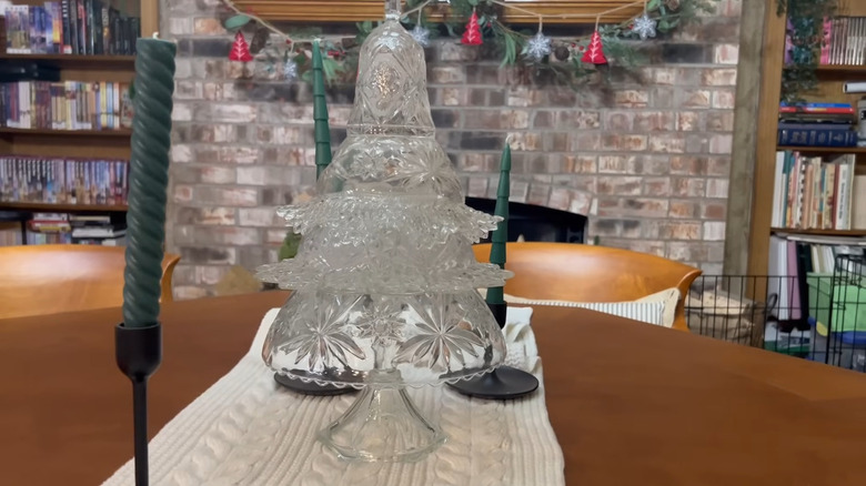 Thrifted glassware stacked and glued into a Christmas tree shape