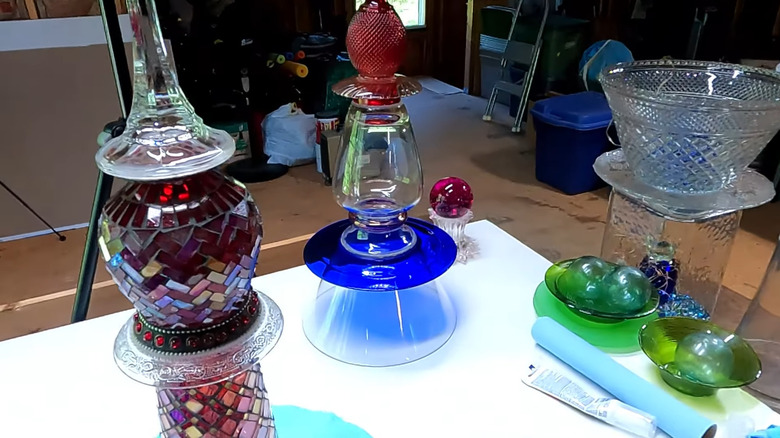 Garden sculptures made from from thrifted glassware