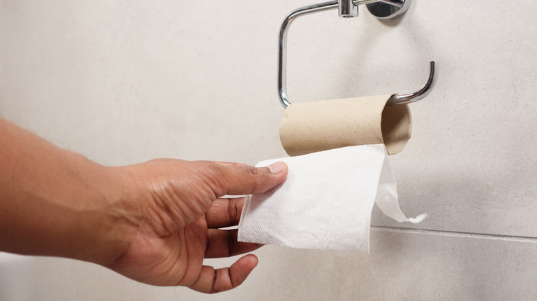 Hand pulls last square of paper from empty toilet paper roll