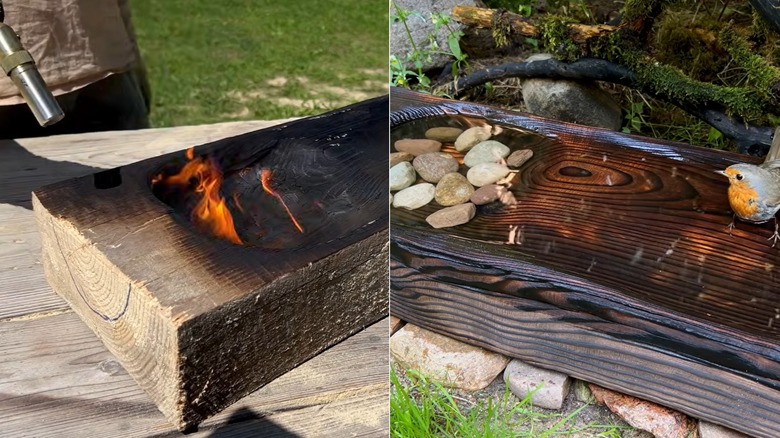 A person scorches the depression of a birdbath made from lumber with a gas torch; A bird stands in the water of a birdbath made from lumber.