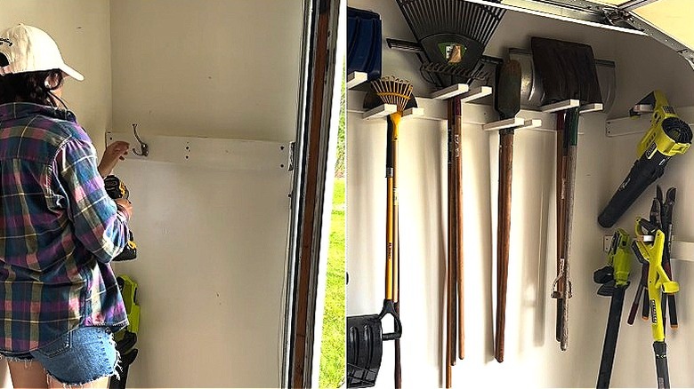 Split image of the DIYer adding a smaller holder on the side garage wall, and the final look with yard and garden tools hung up