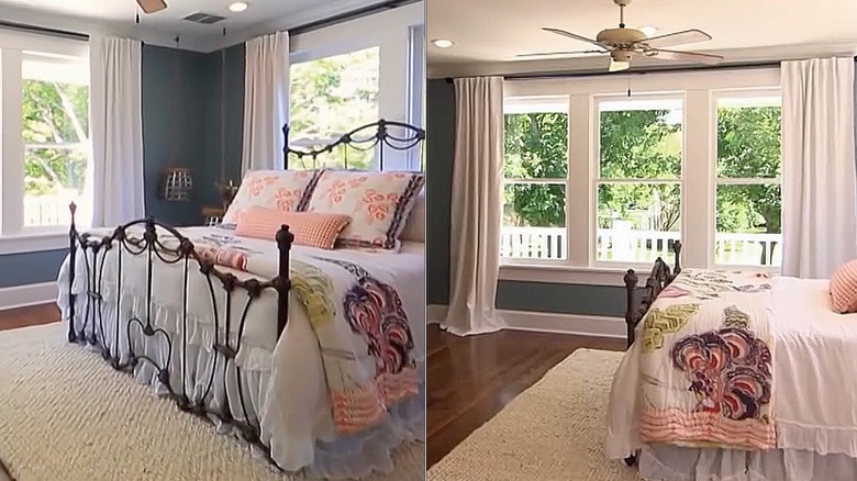 Split image of a bedroom with white floor-to-ceiling curtains