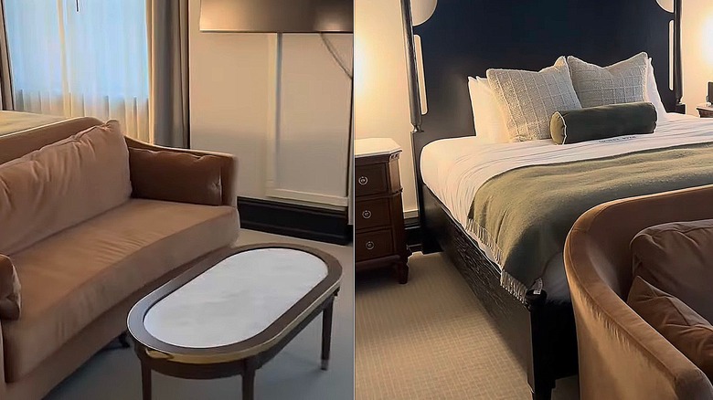 Split image of a brown couch at the base of a bed in Hotel 1928
