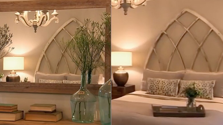 Split image of a carved wooden headboard