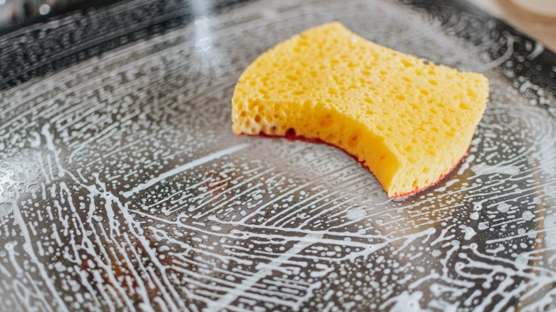 Sponge on soapy surface