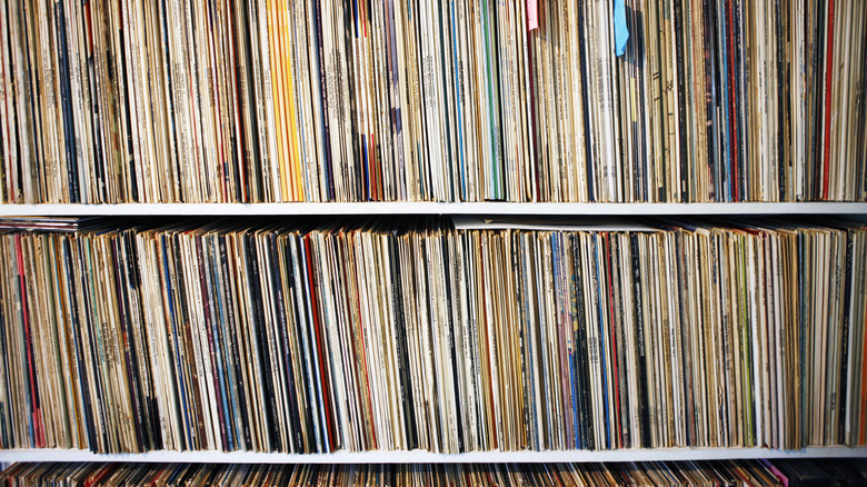 vinyl record collection on shelf