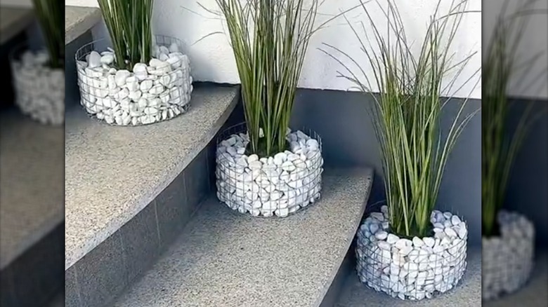 DIY outdoor decor using leftover metal mesh and landscape rock with plants in center