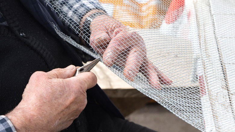 person cutting hardware cloth with needle-nosed pliers