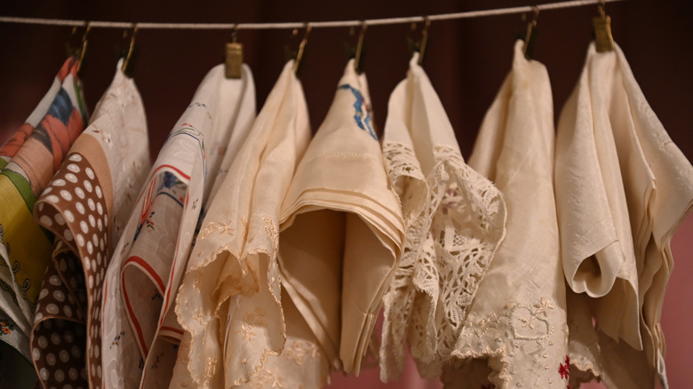Vintage handkerchiefs hanging on clothesline