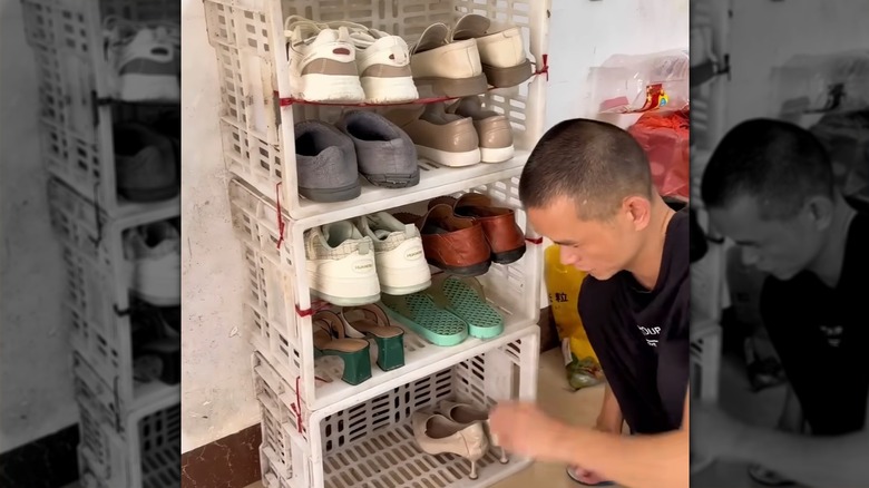 White milk crates turned into a shoe rack