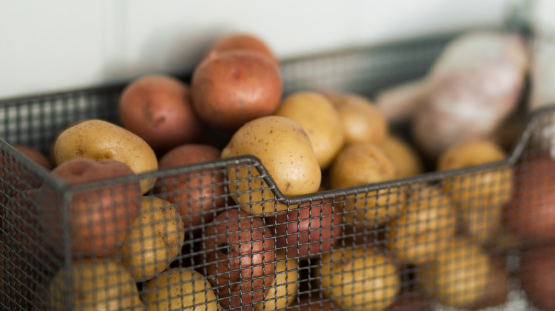 Hanging basket with small baby potatoes
