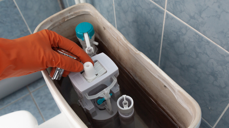 Gloved hand reaching into toilet tank
