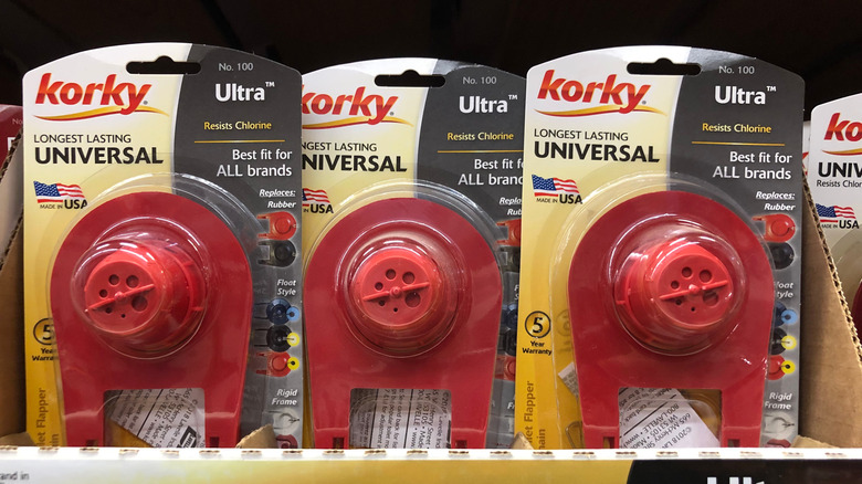 universal toilet flappers from Korky in packaging on a store shelf