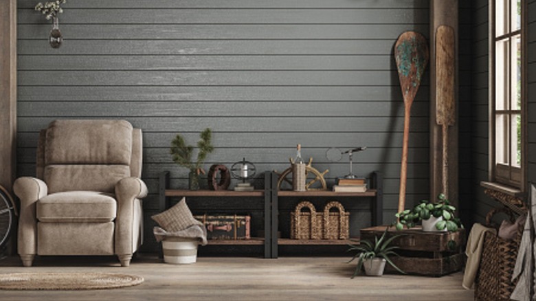 Rustic room with gray walls and shiplap combined with brown furniture