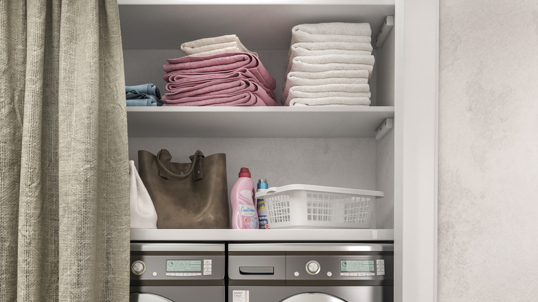 Curtain over laundry room shelves