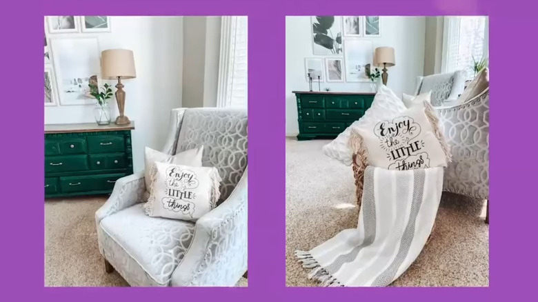 A finished DIY Dollar Tree tote pillow sitting on an armchair.