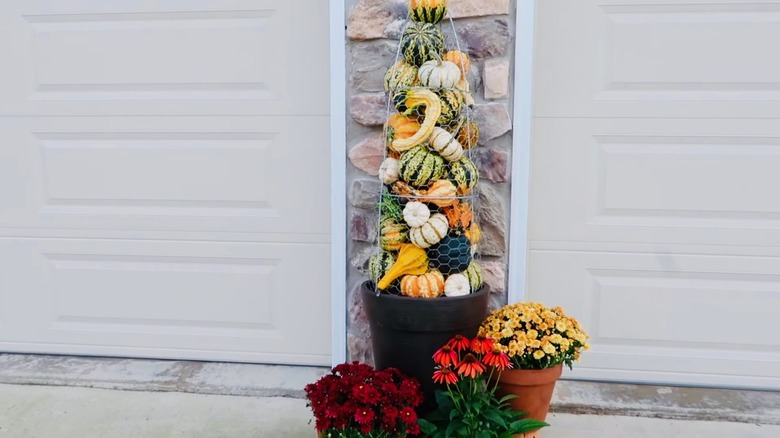 Mesh tower uses tomato cages for support and is stuffed with gourds.