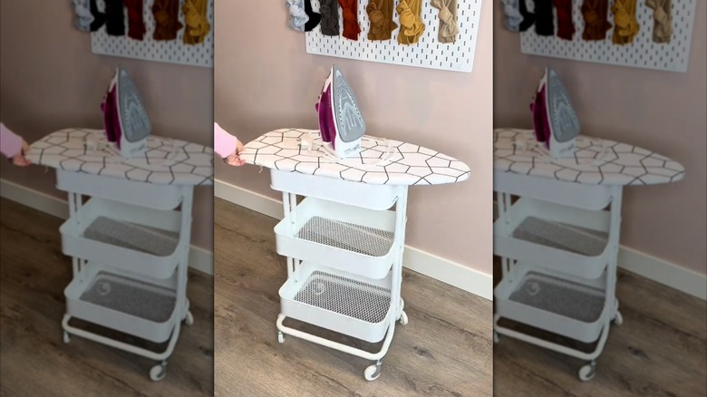 Mini ironing board attached to wire cart