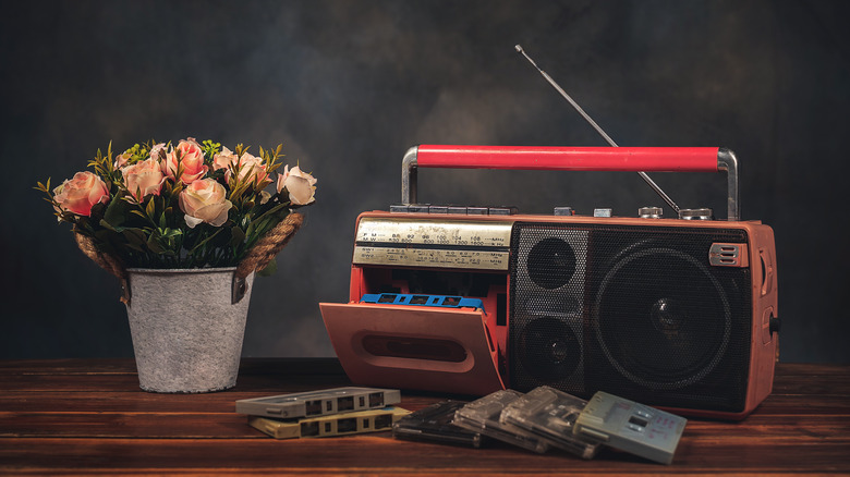 A planter next to a retro portable boombox and cassette tapes