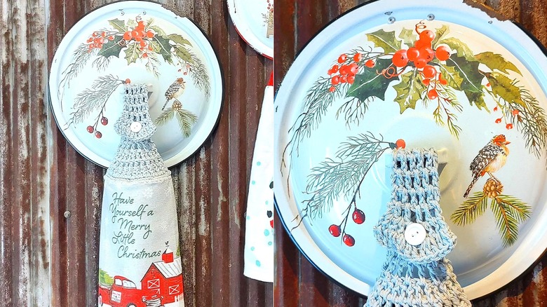 Split of a pot lid turned into a wall hanger, both a full view and close-up