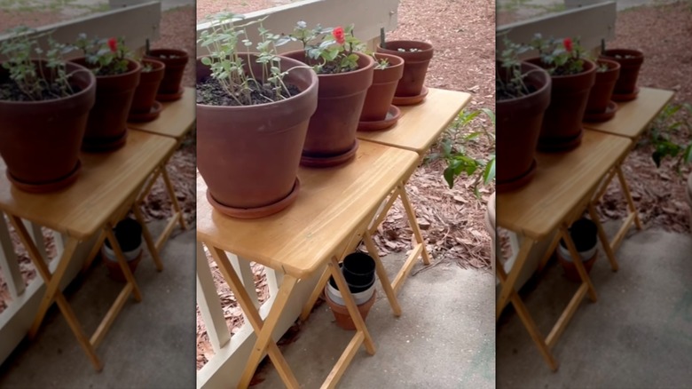 Upcycled TV trays turned into plant stands for outdoor patio garden.