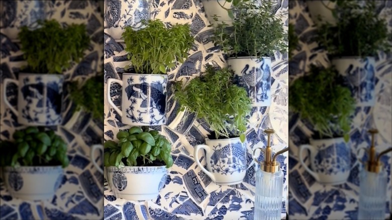 A blue and white mosaic herb garden