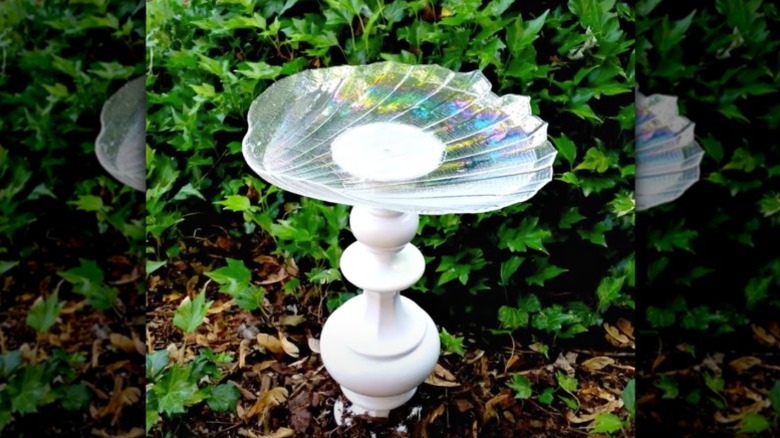 A bird bath made from a glass shell-shaped platter glued to the top of a lamp base.