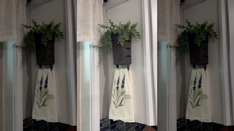 A rusted cheese grater used as a wall planter and kitchen towel holder.