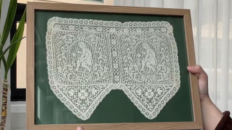 Closeup of the framed doily wall decor