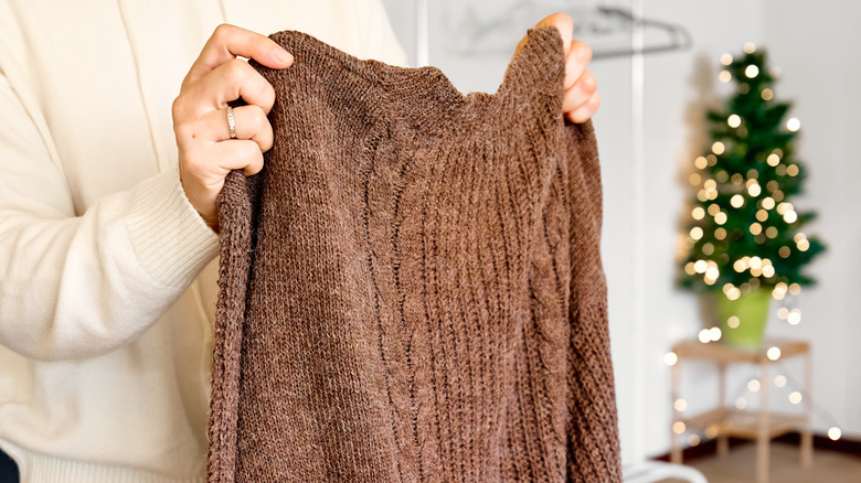 Someone holding up a brown sweater