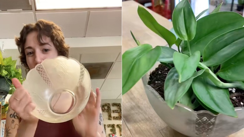 Split image showing the creator putting the cut off nursery pot section into the lampshade on the left and the completed lampshade planter on the right