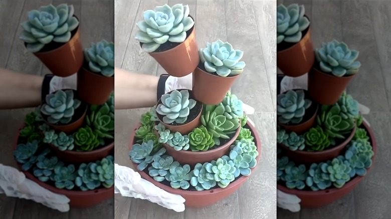 Tiered succulent planter made out of upcycled plastic pots.