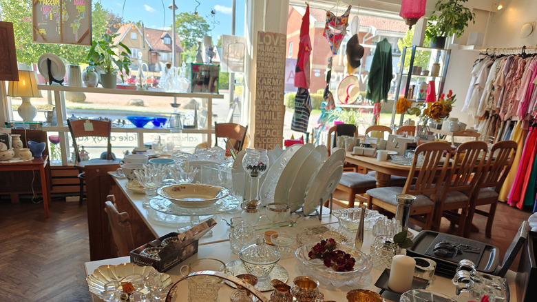 A small thrift store's varied displays are brightly lit by its large window