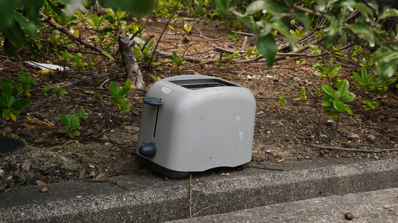 A white toaster illegally dumped on the side of the road near trees