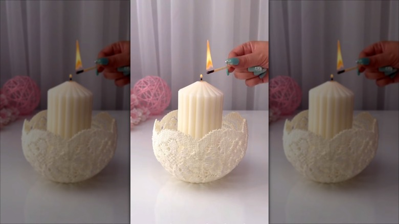 Doily bowl centerpiece with a candle by Tuta Cute Art