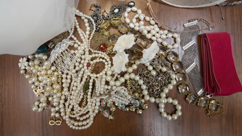 Messy jewelry on a table