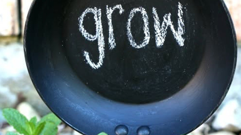 Small frying pan painted with chalk paint to use as a garden sign or marker.