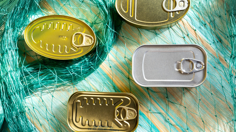 Canned seafood sits on top of a blue-green fishing net.