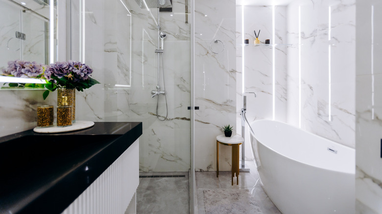 A white and black bathroom.