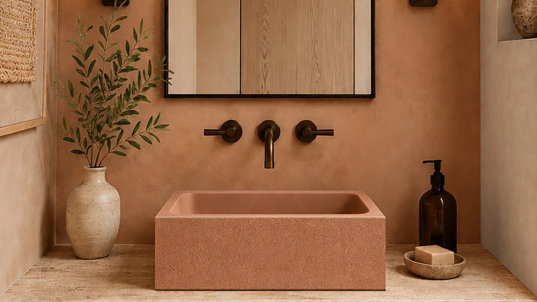 Stone sink surrounded by other warm, earthy finishes