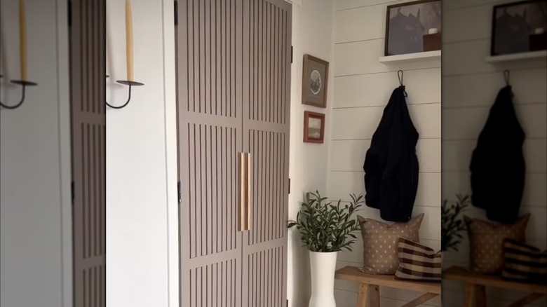 Closet door with vertical wood slat design